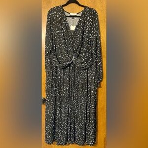 Eloquii Black Printed Long-Sleeve Pleated Midi Dress